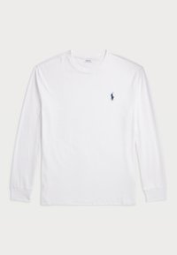 T-shirt bianco a maniche lunghe realizzato in cotone, con scollatura rotonda e un piccolo logo blu navy sul lato sinistro del petto. Tessuto morbido.