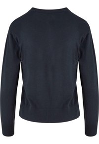 Mørkeblå strikkegenser med rund hals, lange ermer, ribbestrikket mansjetter og nederkant, glatt tekstur og en avslappet passform.