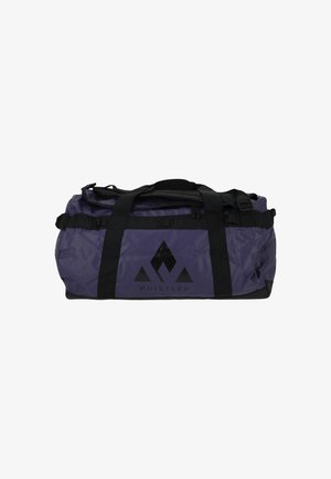 Sac de sport violet avec des accents noirs, en tissu résistant, doté de deux poignées et d'un logo imprimé sur le devant. Ouverture zippée sur le dessus.