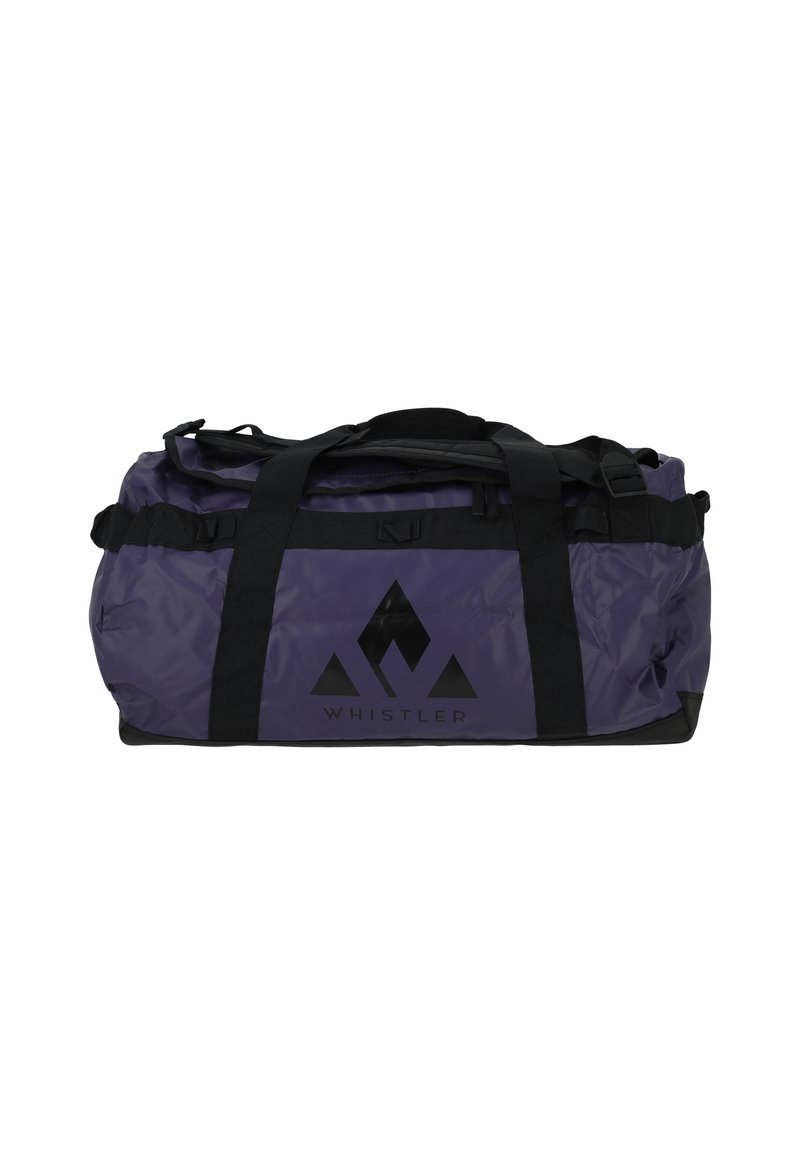 Lila Duffelväska med svarta detaljer, slitstark tyg, med dubbla handtag och en tryckt logotyp på framsidan. Dragkedja på toppen.