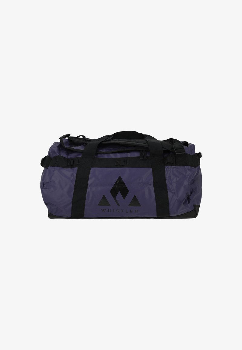 Violetti viikonloppulaukku mustilla yksityiskohdilla, kestävästä kankaasta, jossa on kaksoiskahvat ja etupuolella painettu logo. Ylhäältä avautuva vetoketju.