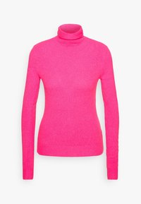 Pull col roulé ajusté en rose vif, fabriqué en tissu doux. Manches longues, poignets et ourlet côtelés, avec une texture lisse.