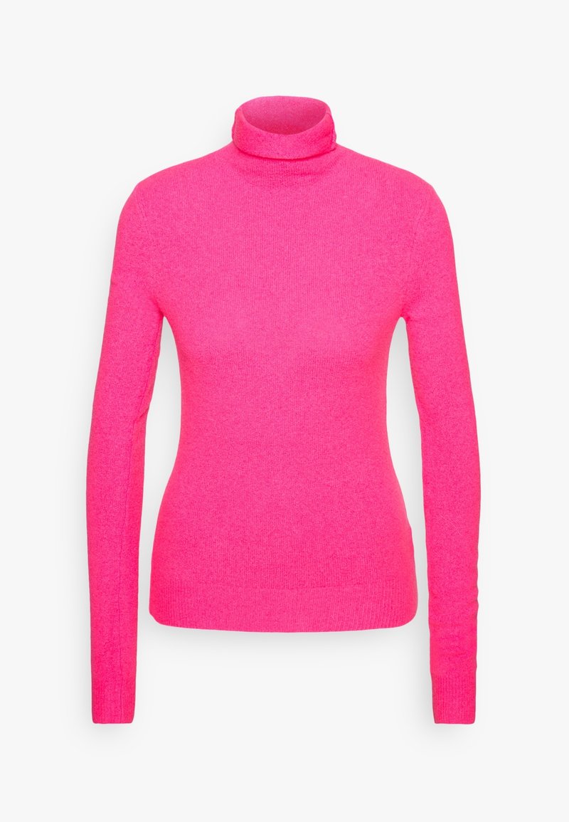 Pull col roulé ajusté en rose vif, fabriqué en tissu doux. Manches longues, poignets et ourlet côtelés, avec une texture lisse.