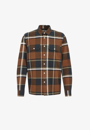 Hnedá a námorníckomodrá kockovaná flanelová košeľa s dlhými rukávmi, golierom na zapínanie, dvoma vreckami na hrudi a bielymi gombíkmi.