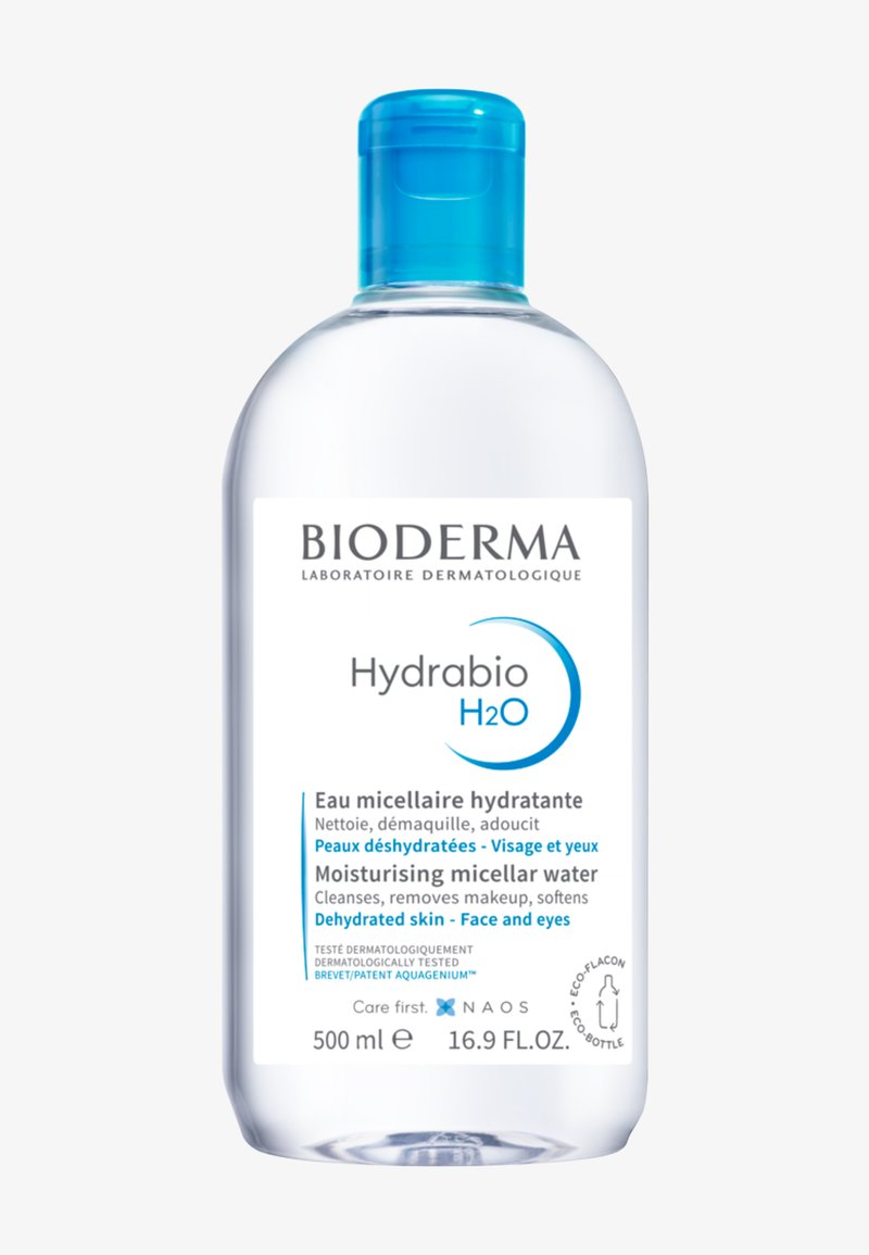 Bioderma Hydrabio H2O moisturizing micellar water with blue cap, 500 ml, for cleansing and softening dehydrated face and eyes skin.