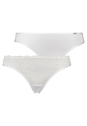 White thong underwear set, featuring a smooth, solid white fabric pair on top and a lace-accented pair with floral patterns underneath.
