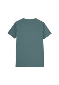 T-shirt med kort ärm i en dämpad teal färg, med rundad halsringning och en minimalistisk design med en enhetlig textur och rena linjer.