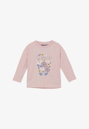 Rosa Langarm-T-Shirt aus weichem Stoff mit floralem Design und dem Wort "SOMMER" in einer verspielten Schriftart.