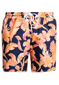 Costumi da bagno da uomo con sfondo blu navy e ampi motivi floreali vivaci in arancione e rosa. Vita elastica con dettaglio a cordoncino.