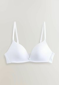 Hvid polstret bh med tynde justerbare stropper og et glat, sømløst design. Funktioner en hak-og-øje lukning og minimale søm detaljer.
