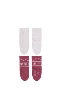 Cotton socks set: one pair white with a cable knit pattern, one pair maroon with heart and floral motifs, both with reinforced toe and heel.