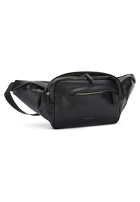Riñonera de cuero negro con un compartimento principal con cremallera, bolsillo frontal y herrajes en tono dorado. Textura suave con un diseño estructurado.