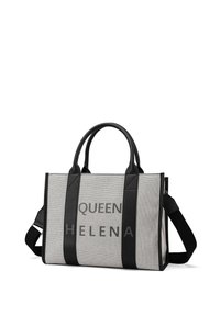 Borsa tote strutturata grigia con accenti neri, con il testo "QUEEN HELENA". Realizzata in materiale simile a rete, con manici doppi e tracolla staccabile.