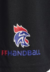 Schwarzer Stoff mit einem bunten Logo, das ein stilisiertes Vogeldesign in Blau, Rot und Weiß zeigt, begleitet von dem Text "FFHANDBALL" in ähnlichen Farben.