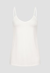 Witte camisole tanktop met dunne spaghettibandjes, V-hals, gemaakt van een gladde stof, met een eenvoudig, ongecompliceerd ontwerp.