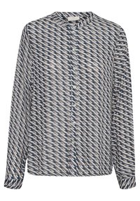 Camicia con maniche lunghe e bottone in un motivo zigzag navy, bianco e beige; presenta un colletto e un tessuto morbido e leggero.