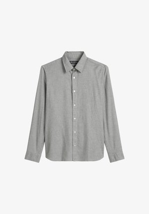 Camisa cinza com padrão xadrez subtil, mangas longas, colarinho clássico e botões brancos à frente. Tecido suave.