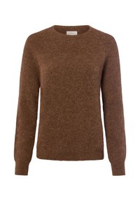 Brauner gestrickter Pullover mit runder Halslinie und langen Ärmeln. Weicher, strukturiertes Material mit lockerer Passform. Keine sichtbaren Muster oder Akzente.