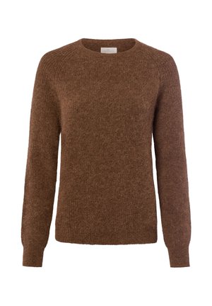 Brauner gestrickter Pullover mit runder Halslinie und langen Ärmeln. Weicher, strukturiertes Material mit lockerer Passform. Keine sichtbaren Muster oder Akzente.