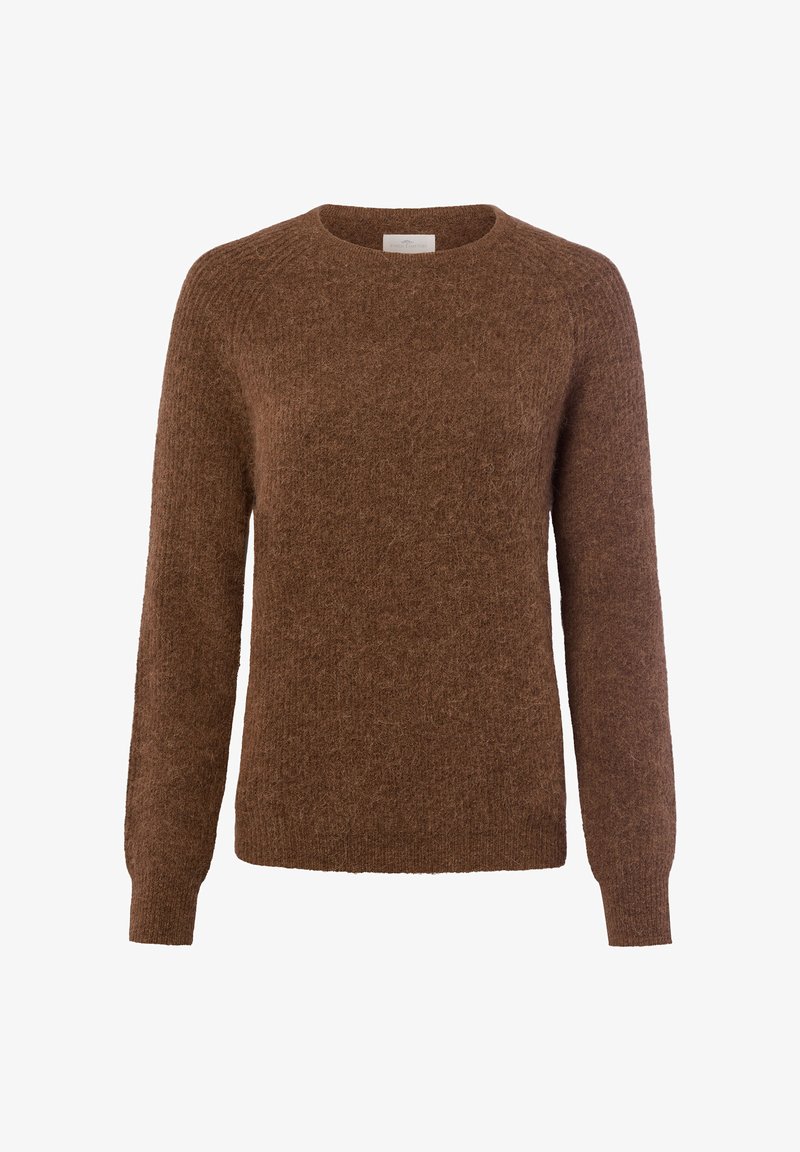 Brauner gestrickter Pullover mit runder Halslinie und langen Ärmeln. Weicher, strukturiertes Material mit lockerer Passform. Keine sichtbaren Muster oder Akzente.
