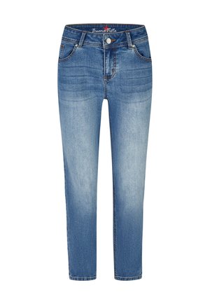 Jean bleu taille haute slim avec poches avant, passants de ceinture, fermeture par bouton et détails délavés aux cuisses et aux genoux.