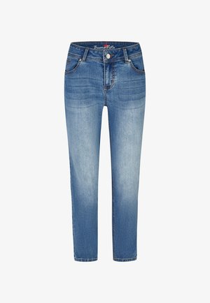 Blå jeans med høj talje og slim fit, med forlommer, bæltestropper, knaplukning og falmede detaljer på lår og knæ.