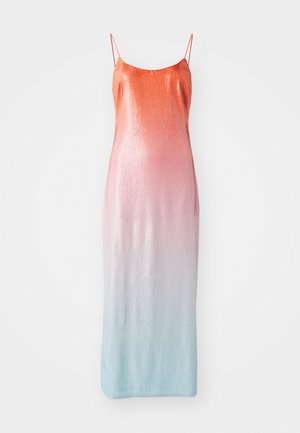 Støvle med pailletter i en gradient fra orange til pink til lyseblå. Har tynde justerbare stropper og en tætsiddende silhuet.