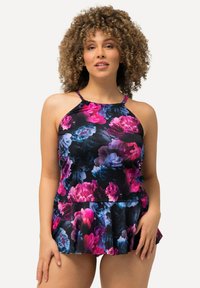 Top da bagno floreale con sfondo scuro, caratterizzato da fiori variopinti in rosa e blu. Spalline regolabili e design a orlo svasato. Tessuto dalla texture liscia.
