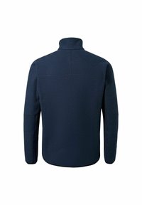 Marinefarbener Fleece-Pullover mit hohem Kragen, strukturiertem Stoff, langen Ärmeln und nahtlosen Schultern. Keine sichtbaren Logos oder Muster auf der Rückseite.