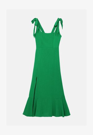 Groene mouwloze jurk met strikbanden, aansluitend lijfje, uitlopende zoom en zijslit. Gemaakt van gestructureerde stof.