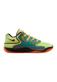 Zapatilla deportiva de color verde neón y turquesa con cordones naranjas, suela negra moteada y logo de Nike en forma de swoosh naranja en el talón, vista lateral.