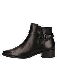 Bota de tobillo de cuero negro con punta afilada, detalle de hebilla lateral y tacón bajo en bloque. Acabado suave y diseño estructurado.
