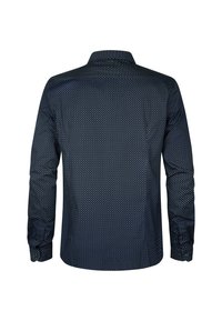 Camicia a maniche lunghe blu navy con un motivo a pois bianchi, vestibilità aderente e colletto standard. Tessuto di consistenza liscia.