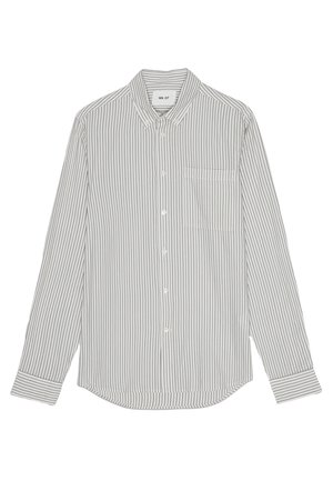 Striped long-sleeve shirt in light gray and dark gray, featuring a button-down collar and a single chest pocket. Cotton fabric, tailored fit.