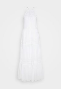 Bílá maxi šaty s halter výstřihem, vrstveným designem a krajkovými detaily. Vyrobené z lehkého materiálu, mají fitted pas a splývavou sukni.
