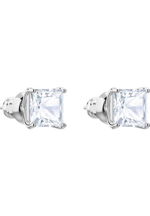 Square-cut, clear gemstones set in polished silver metal stud earrings; features a secure clasp and prong settings.