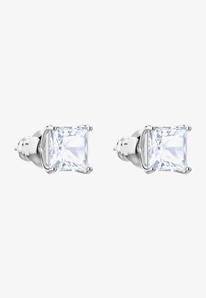 Square-cut, clear gemstones set in polished silver metal stud earrings; features a secure clasp and prong settings.