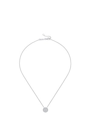 Delicate silver chain necklace with a round pendant featuring a central gem surrounded by smaller stones.