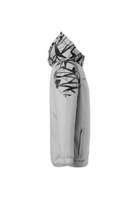Veste gris clair avec une capuche à motif géométrique noir et blanc, des poignets élastiques, des poches latérales et une coupe décontractée. Convient pour une tenue décontractée.