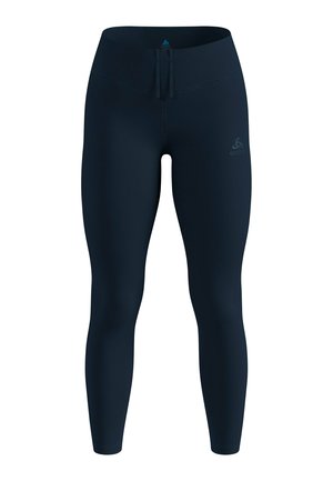 Marineblaue Leggings aus elastischem Stoff, mit einem hohen Bund, glatter Textur, flachen Nähten und einem kleinen Logo am Oberschenkel.