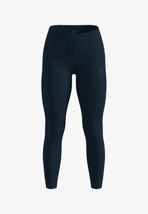 Marineblaue Leggings aus elastischem Stoff, mit einem hohen Bund, glatter Textur, flachen Nähten und einem kleinen Logo am Oberschenkel.