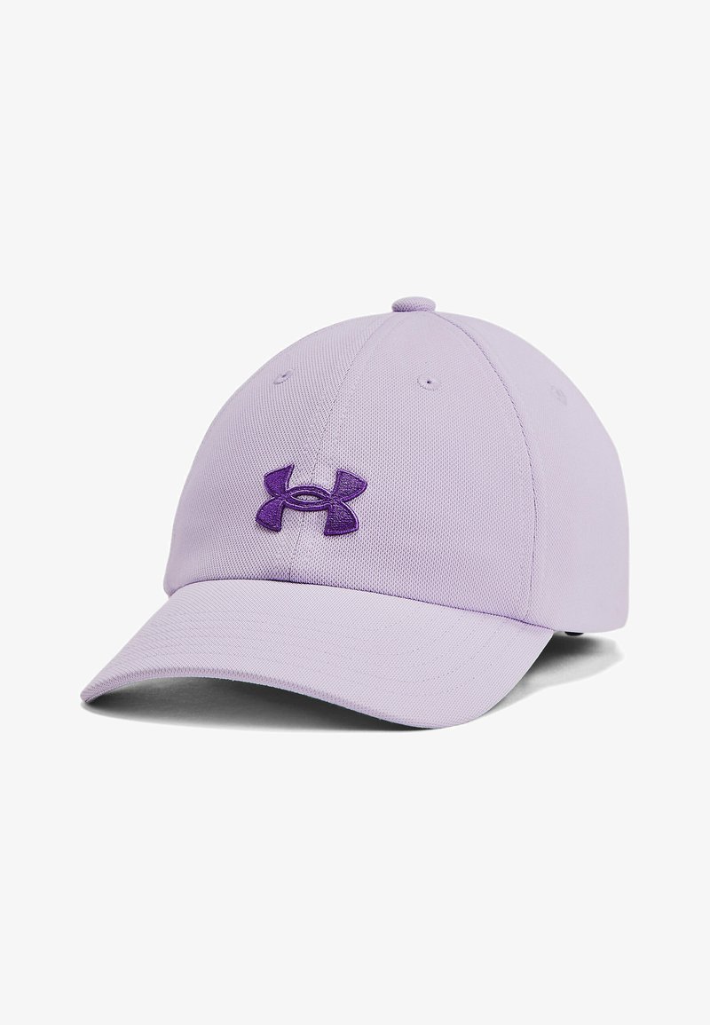 Lilla müts tekstureeritud kangast, mille visori serval on kerge kumerus ja esiosas kontrastselt lilla logo.