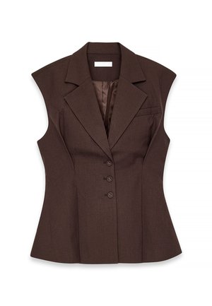 Brauner ärmelloser Blazer mit markanten Schultern, Reverskragen, fünf vorderen Knöpfen und einer einzelnen Brusttasche. Strukturierter Stoff.