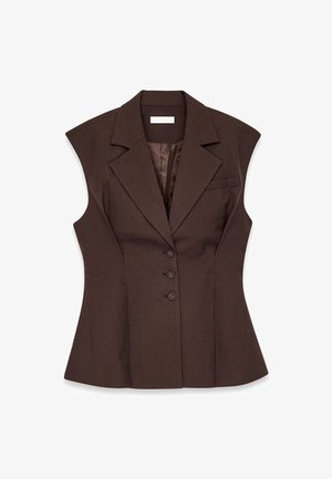 Hnedý bezrukávový blejzer s ostrými ramenami, klopovým golierom, piatimi prednými gombíkmi a jednou náprsníkou. Textúrovaná tkanina.
