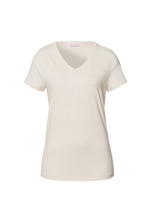 Lichtcrème V-hals t-shirt met korte mouwen, gemaakt van zachte stof met een gladde textuur en een standaard pasvorm. Geen patronen of accenten aanwezig.