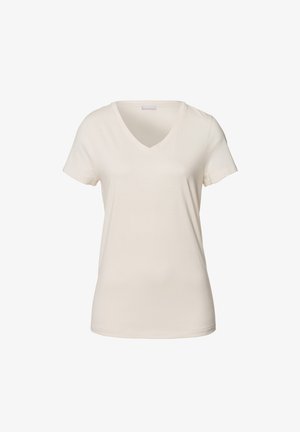 Lichtcrème V-hals t-shirt met korte mouwen, gemaakt van zachte stof met een gladde textuur en een standaard pasvorm. Geen patronen of accenten aanwezig.