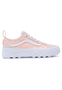 Sneaker in beige chiaro con motivo a quadretti rosa, dettagli bianchi e camoscio testurizzato. Suola bianca spessa con un design a strati e linguetta per estrazione.