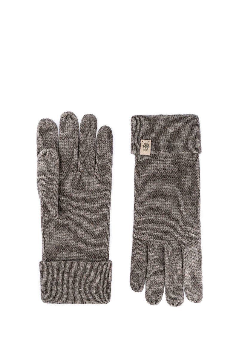 Knitted gray gloves featuring a fold-over cuff, five-finger design, and a small logo tag on the cuff. Soft texture and durable material.