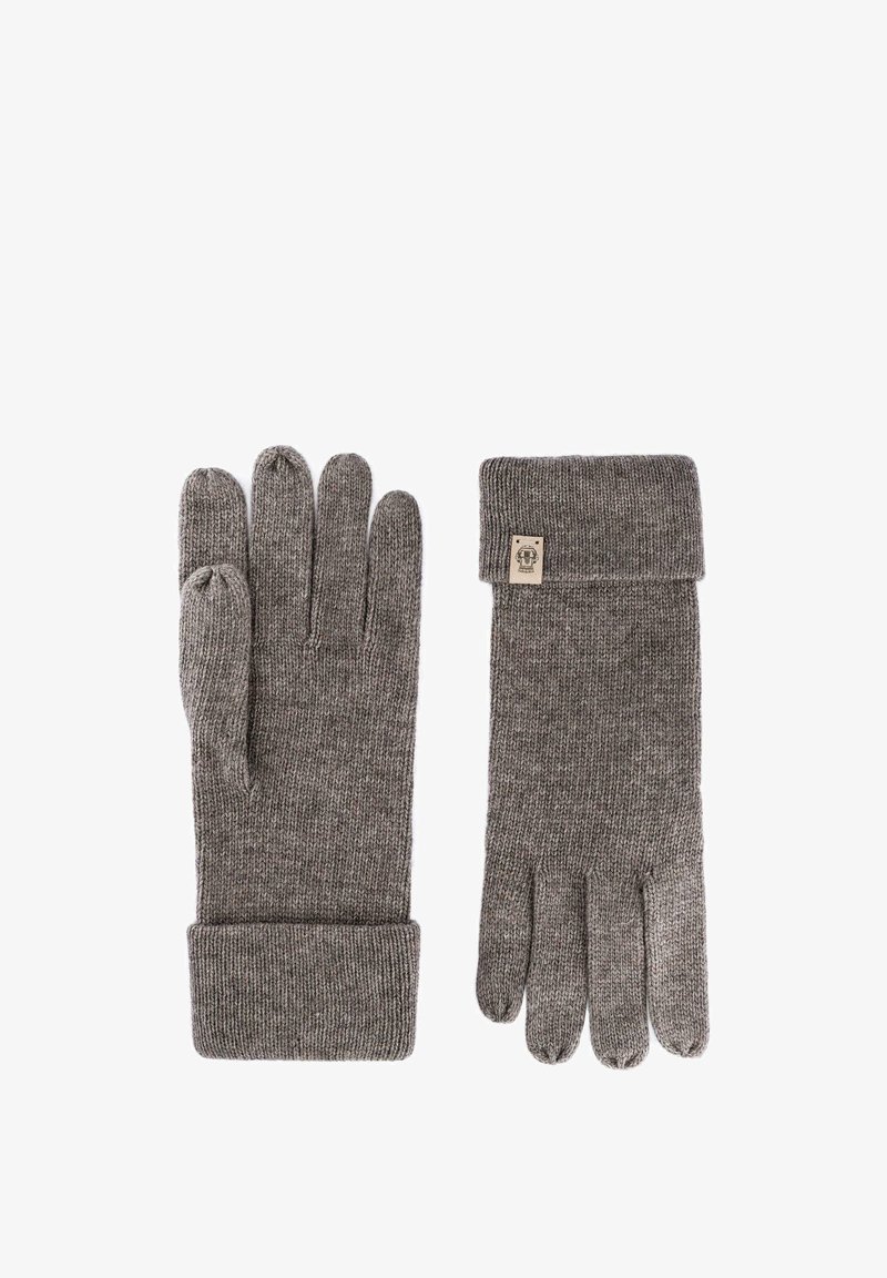 Knitted gray gloves featuring a fold-over cuff, five-finger design, and a small logo tag on the cuff. Soft texture and durable material.