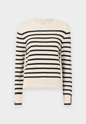 Suéter creme com riscas pretas horizontais, decote redondo, mangas longas e punhos e bainha canelados. Textura suave, corte casual.